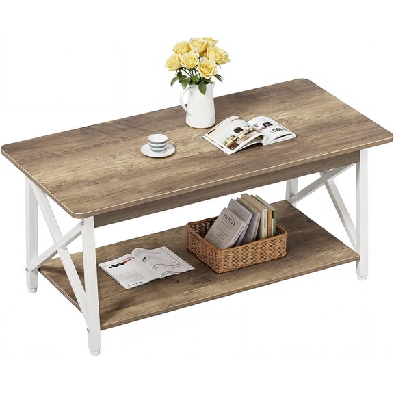 Coffee Table with Round Corner, 39.4'' Modern Living Room Table with 2 Tier Storage Shelves, Rustic Industrial Sturdy Center Table Space Saving Easy Assembly, White Gray Wash