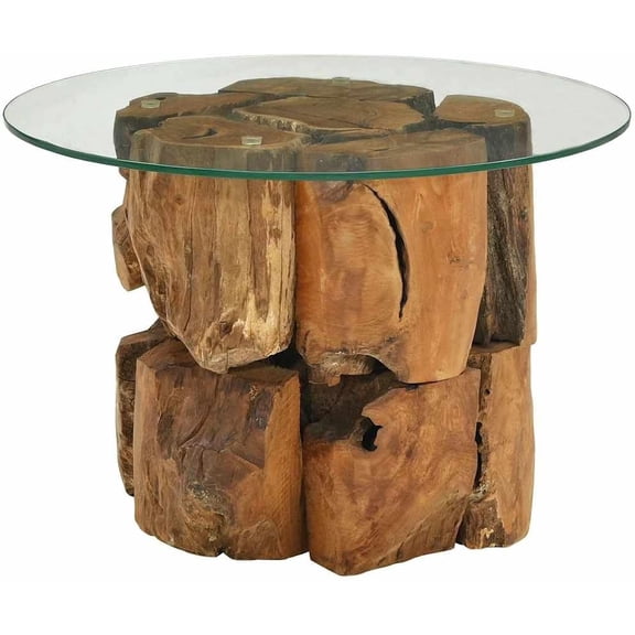 Coffee Table, Round End Table with Glass Tabletop, Side Table for Living Room Bedroom, Farmhouse Modern, Solid Teak Driftwood
