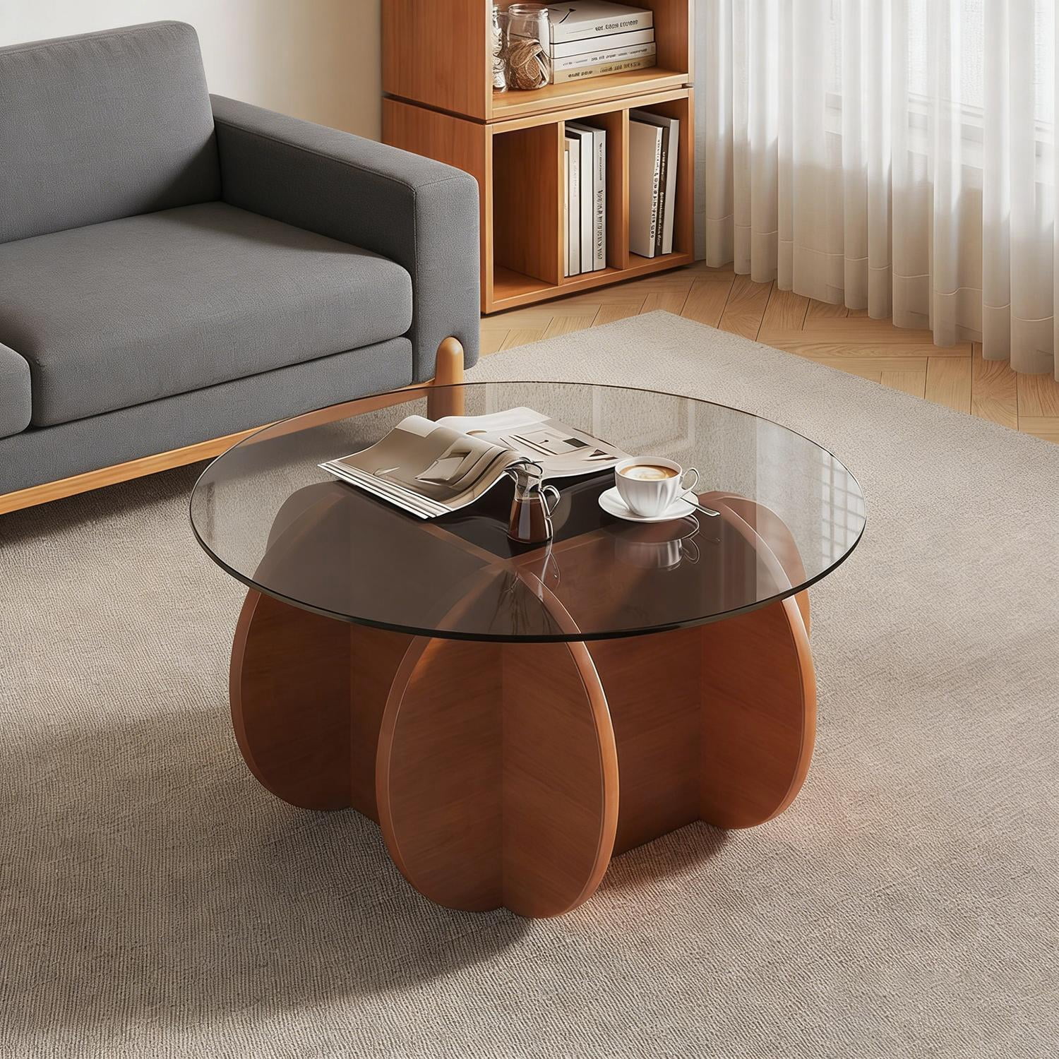 Coffee Table, Round Mid Century Modern Design with Tempered Glass Top and Solid Wood Base, Center Table for Living Room, 31.5 Inch Diameter Walnut