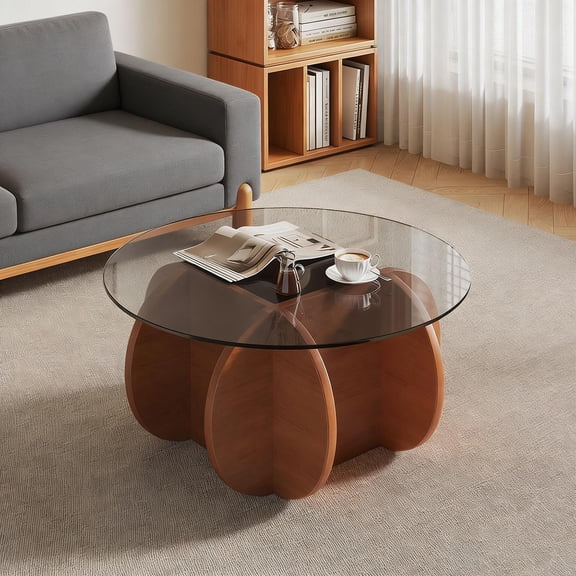 Coffee Table, Round Mid Century Modern Design with Tempered Glass Top and Solid Wood Base, Center Table for Living Room, 31.5 Inch Diameter Walnut