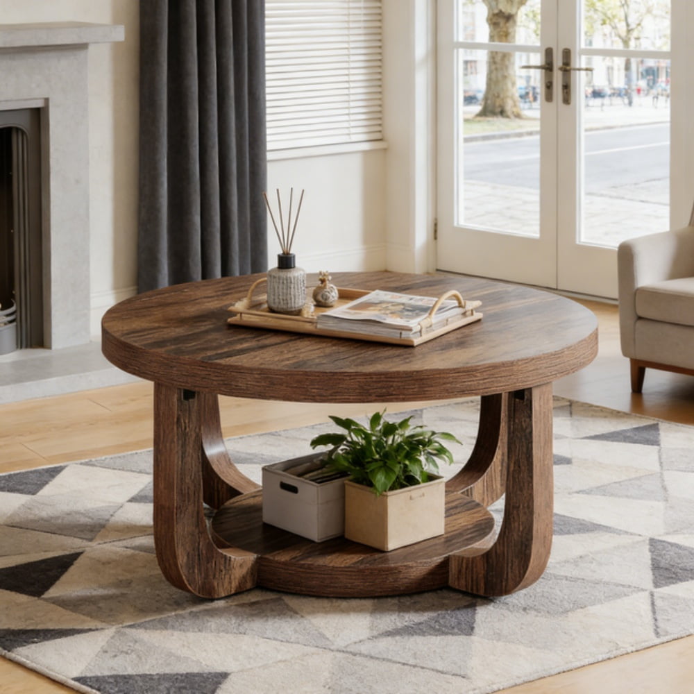 Coffee Table Round Rustic Brown 2 Tier Storage Modern Living Room Furniture