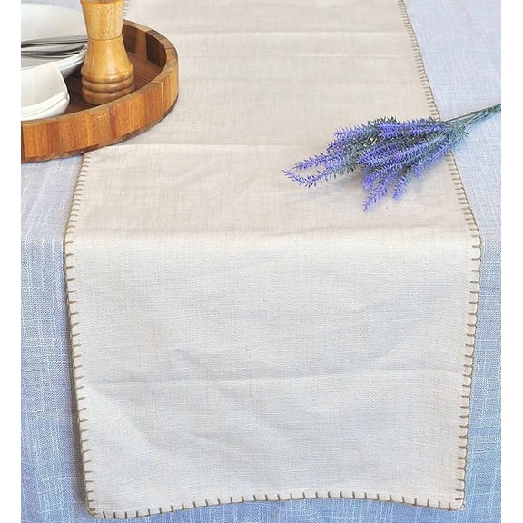 Coffee Table Runner 14 x 36 inch Short Table Runner With Decorative Stitched Edge Natural Organic Cotton Fabric Small Dresser Scarf Dining Table Topper Washable Cloth Decor Table Centerpiece Off White