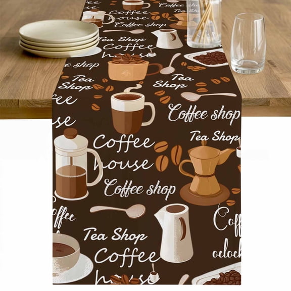 Coffee Table Runner 36 Inches Long Farmhouse Dress Scarves, Brown Retro Coffee Theme Beans Latte Tea Cup Dining Tablerunner for Coffee Table/Kitchen Island/Party Décor, Small 13" x 36"