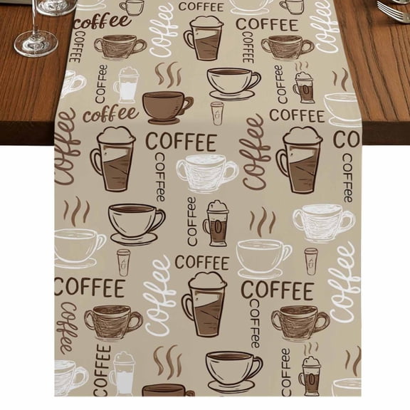 Coffee Table Runner 70 Inches Long,Beige Farmhouse Retro Beans Latte Tea Cup Funny Cotton Linen Table Runners Dresser Scarves,Decorative Tabletop Scarf Furniture Cover for Home Dinner Party 13"x70"