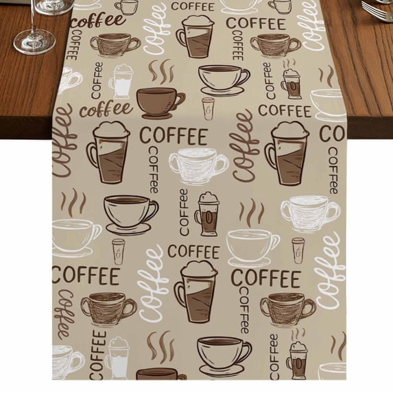 Coffee Table Runner 70 Inches Long,Beige Farmhouse Retro Beans Latte Tea Cup Funny Cotton Linen Table Runners Dresser Scarves,Decorative Tabletop Scarf Furniture Cover for Home Dinner Party 13"x70"
