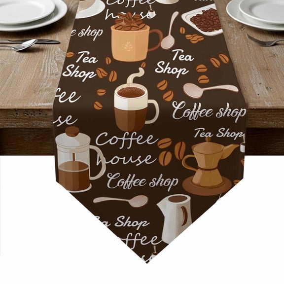 Coffee Table Runner Linen Burlap Table Runner 36 Inches Small Brown Retro Coffee Theme Beans Latte Tea Cup Dresser Scarves for Kitchen Island Coffee Dining Room Party Holiday Decoration 13"x36"