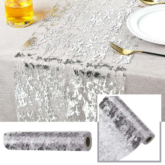 Outdoor Table Runner, Silver Sheer Lace 28X275 inch Overlay, Dining Table Runner with Durable Textured Weave for Party decorations, Wedding Table decor, Patio and Dining Room
