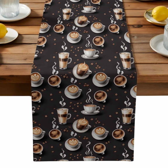 Coffee Table Runner, Vintage Watercolor Hot Coffee Cups Beans Black Washable Kitchen Table Runners Dress Scarves for Dining Table Decorations Party, 13x36in