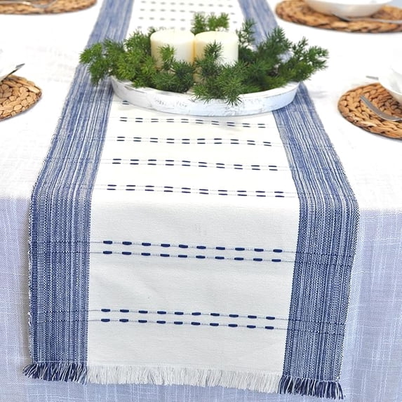 Coffee Table Runner Woven Stripes Dresser Top Cover Small Dining Table Mat Organic Cotton Rustic Farmhouse Short Cloth Strip For Kitchen Buffet Table Non Slip Ombre Texture Blue / Off White 14"x48”