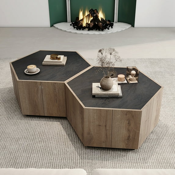 Coffee Table, Rural Style Hexagonal Coffee Table Side Table with 2 Drawers Table for Living Room Bedrooms
