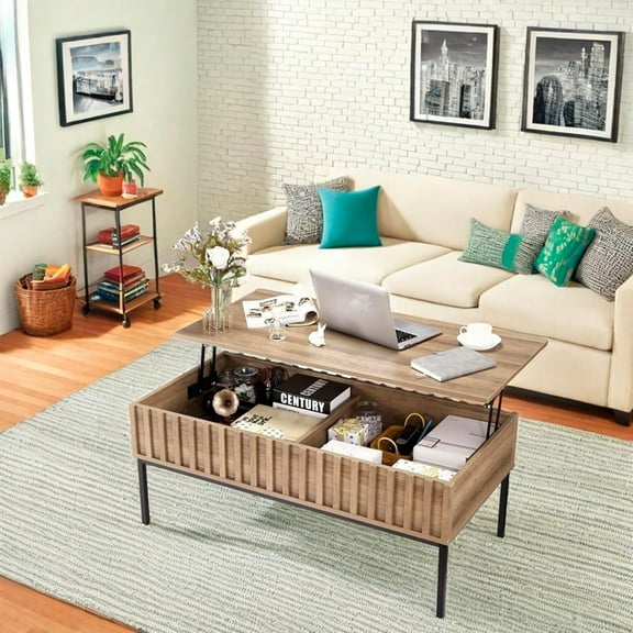 Coffee Table, Rustic Center Tables with Large Hidden Storage Compartment, Wood Farmhouse Coffee Table with Metal Leg Support, Retro Center Table with Lift Tabletop for Living Room,Teak Color