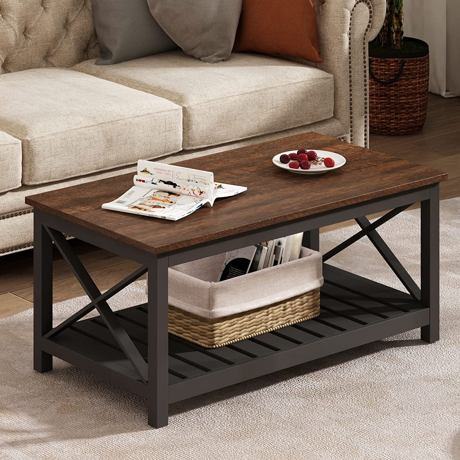 Rustic Brown and Black Wood Coffee Table with Shelf