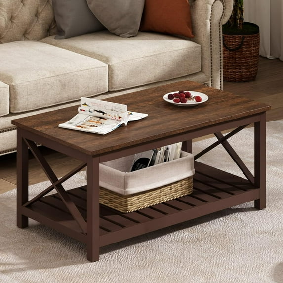 Coffee Table, Rustic Vintage Farmhouse Living Room Table with Shelf, 40