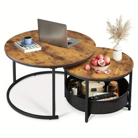 Coffee Table Set Of 2, 32in Round Nesting Table for Living Room, Small Circle Table with Storage for Small Space, Metal Frame And Fabric Basket, Home Office Bedroom