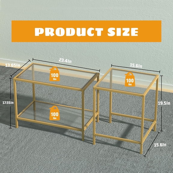 Coffee Table Set of 2, Gold Glass Nesting Coffee Side End Table, Square Modern Center Table for Living Room, Bedroom and Small Spaces, Tempered Glass-top with Sturdy Metal Frame, Easy Assembly