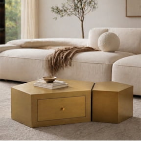 Coffee Table Set of 2, Gold MDF Nesting Tables with Dual Storage Drawers, Modular Geometric Polyhedral Center Tables for Modern Luxury Living Room, Fully Assembled Artisan Design