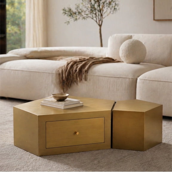Coffee Table Set of 2, Gold MDF Nesting Tables with Dual Storage Drawers, Modular Geometric Polyhedral Center Tables for Modern Luxury Living Room, Fully Assembled Artisan Design