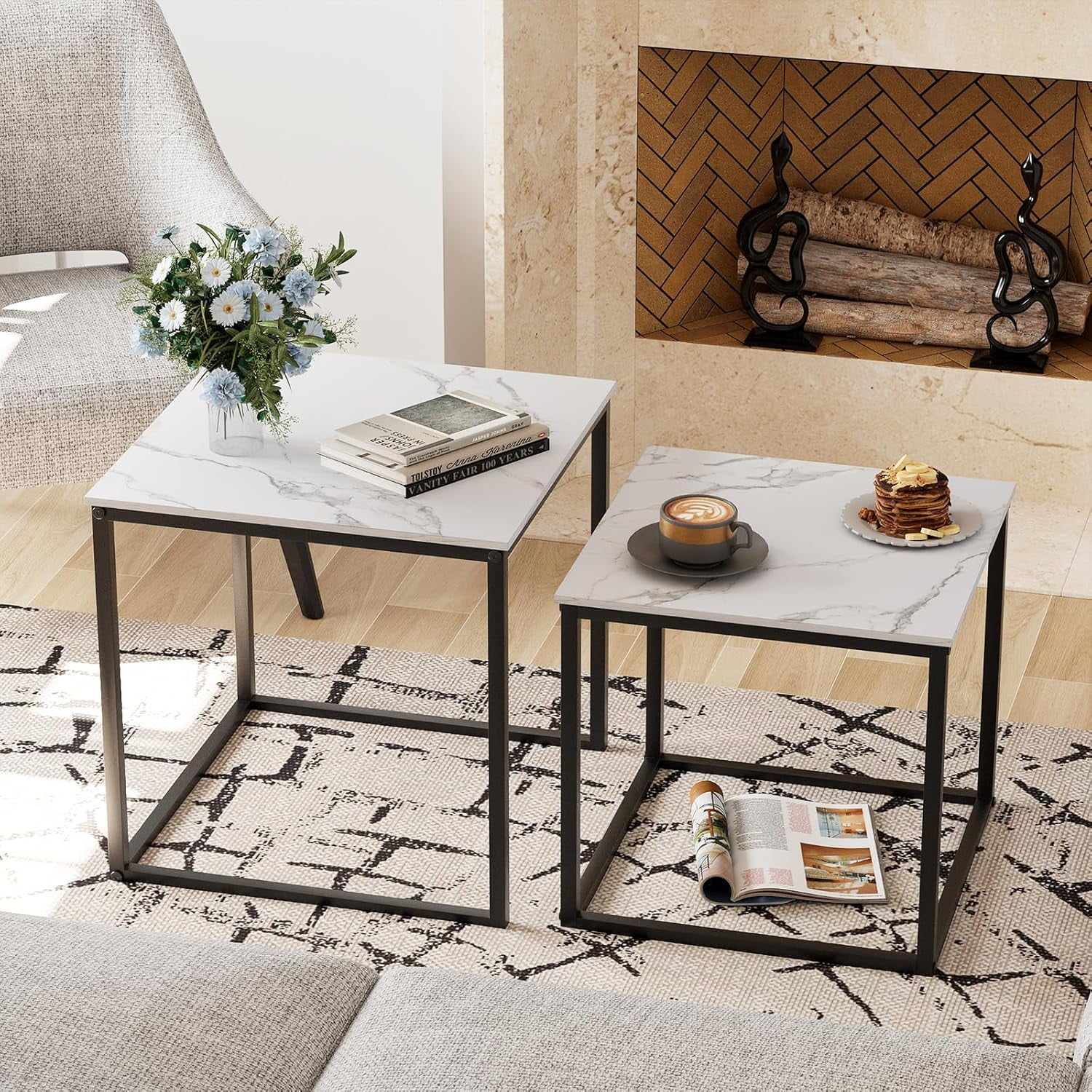 Modern Black and White Glass Nesting Coffee Table Set with Metal Frame