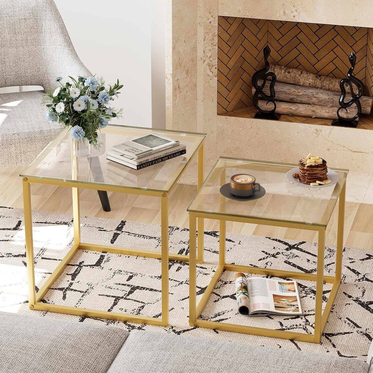 Modern Gold Glass Metal Frame Square Nesting Coffee Table Set