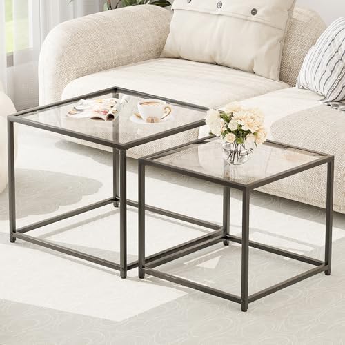 Coffee Table Set of 2, Modern Glass Nesting Table, Metal Frame Square ...
