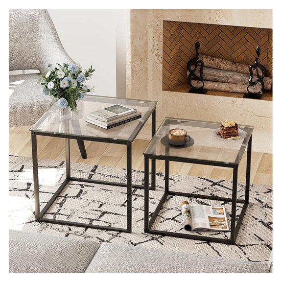 Coffee Table Set of 2, Modern Glass Nesting Table, Metal Frame Square Center Table Set, Side Tables, Nesting Coffee Table for Living Room, Bedroom and Small Spaces, 19.7in Black