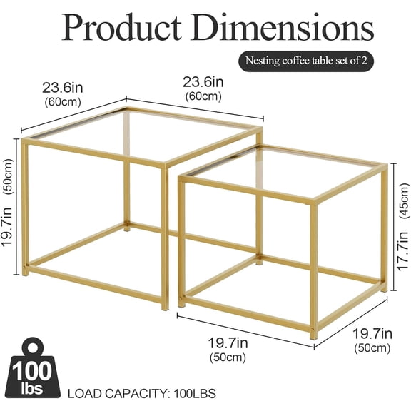 Coffee Table Set of 2, Modern Glass Nesting Table, Metal Frame Square Center Table Set, Side Tables, Nesting Coffee Table for Living Room, Bedroom and Small Spaces, 23.6in Gold