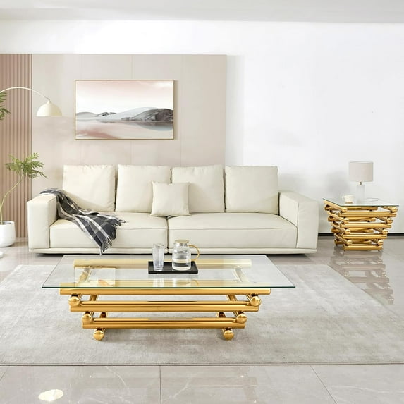 Coffee Table Set of 2, Modern Gold Coffee Tables for Living Room, Easy Assembly Easy Clean, Tempered Glass with Stainless Steel Legs, Luxury Table Set for Home Apartment Office