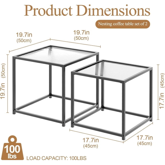 Coffee Table Set of 2, Modern Patterned Glass Nesting Table, Metal Frame Square Center Table Set, Side Tables, Nesting Coffee Table for Living Room, Bedroom and Small Spaces, 19.7in Black