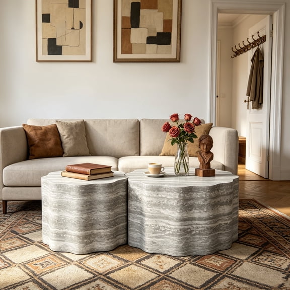 Coffee Table Set of 2, Modern Wood Center Table for Living Room, Faux Mars Pattern Side Table Accent End Table for Apartment Office, No Assembly, Engineered Hardwood