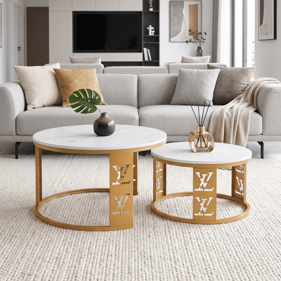 Round Coffee Table Nesting Tables Set of 2, Minimalist Nesting Tables with Marble and Gold Metal Frame, Modern Design Coffee Tables for Living Room, Apartment, Large : Ø 31", Small : Ø 23", White