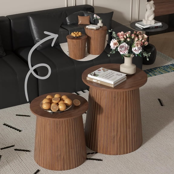 Coffee Table Set of 2, Round End Table with Storage, Farmhouse Side Table with Removable Wood Tops and Wood Basket Bases for Blanket Storage, Modern Coffee Table for Living Room (Walnut)