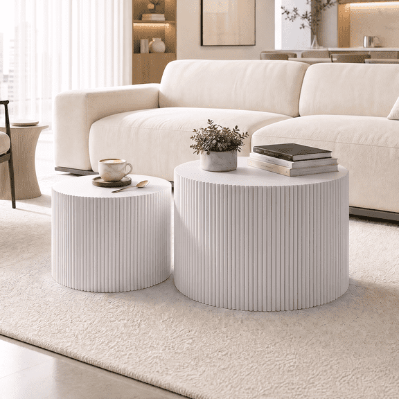 Coffee Table Set of 2, Round Nesting Coffee Table, Modern Handcraft Wood Fluted Drum Circle Coffee Table Small Minimalist Unique Tea Table for Living Room, Apartment, No Assembly Required, White