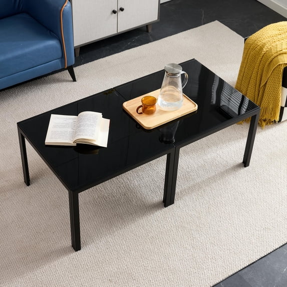 Coffee Table Set 2 pieces, Modern Minimalist Square Center Cocktail Table Set with Tempered Glass Finish, Industrial Metal Tea Table for Living Room Home Office, Black