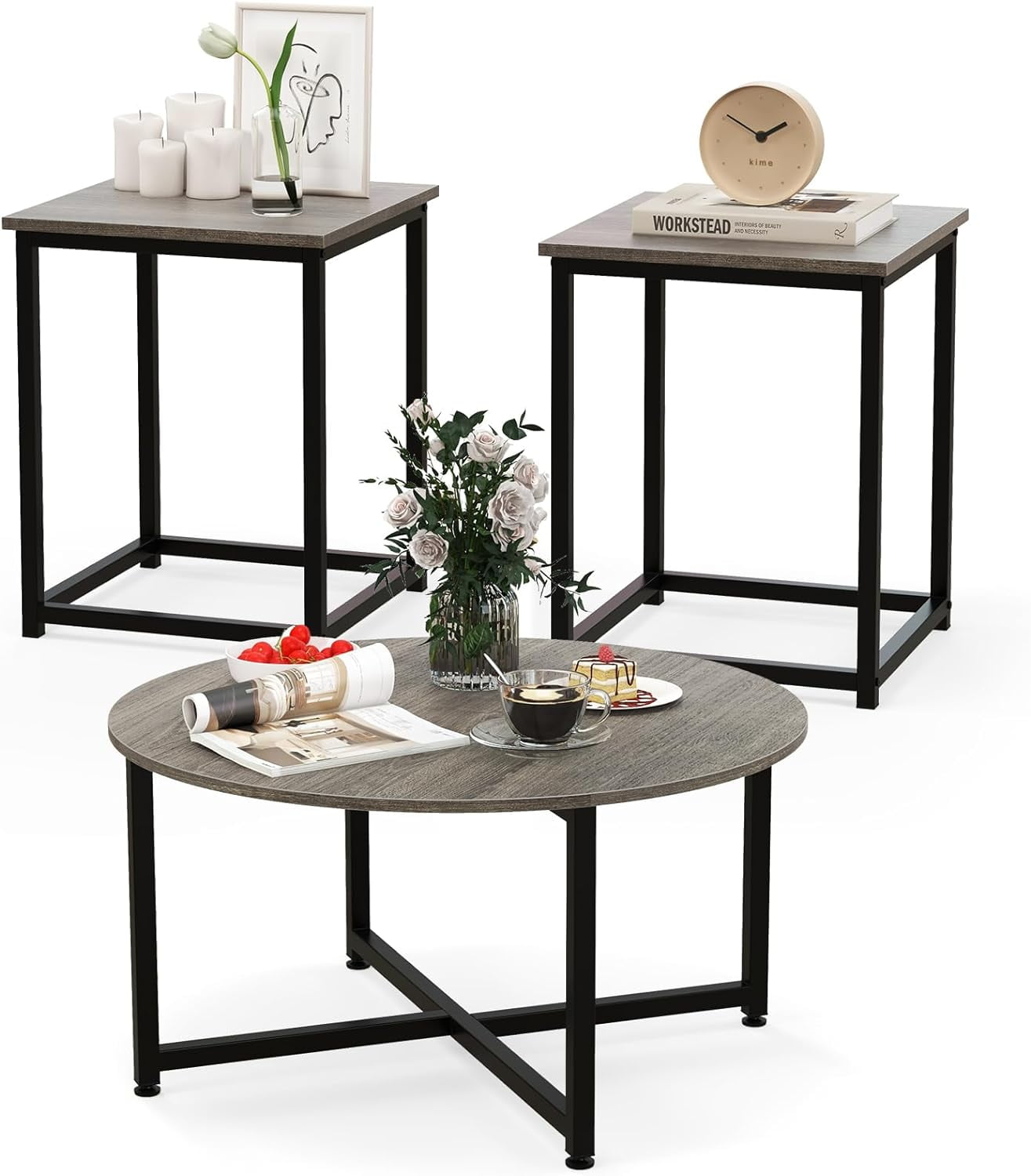 Coffee Table Set of 3, Wood Grain Round Coffee Table and 2 Square End