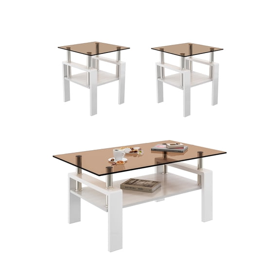 Coffee Table Set of 3,including 1 Coffee Table and 2 Square Eed Tables,living Room Table Set with Tempered Glass for Apartment Home Office,Brown Glass/White Base