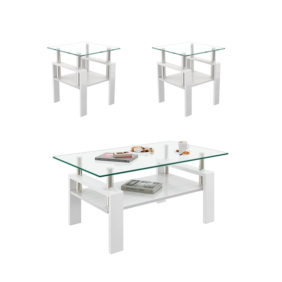 Coffee Table Set of 3,including 1 Coffee Table and 2 Square Eed Tables,living Room Table Set with Tempered Glass for Apartment Home Office,Clear Glass/White Base