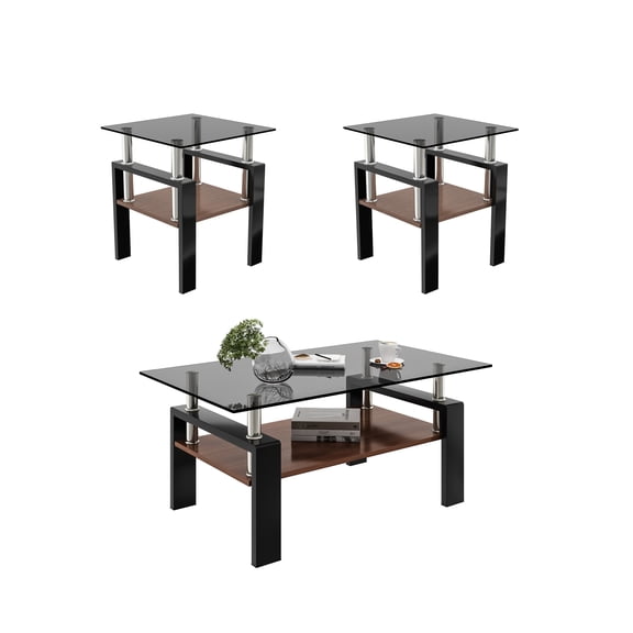 Coffee Table Set of 3,including 1 Coffee Table and 2 Square Eed Tables,living Room Table Set with Tempered Glass for Apartment Home Office,Gray Glass/Black Base