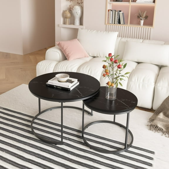 Coffee Table Set of 2,27.6 inch Round Coffee Table with Sturdy Metal Frame,End Table Side Tables for Living Room Bedroom,Black