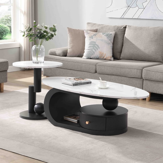 Coffee Table Set of 2,Black Coffee Table and Side Table Sets with Faux Marble Top and Drawer