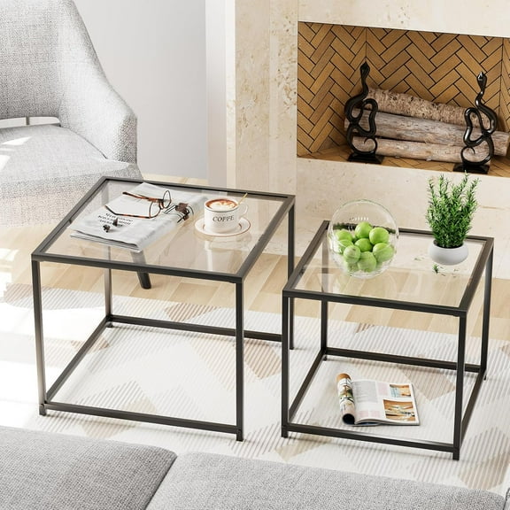 Coffee Table Set of 2, Modern Gold Glass Side Table, Metal Frame Square End Table, Center Tables, Nesting Coffee Table for Living Room, Bedroom and Small Spaces