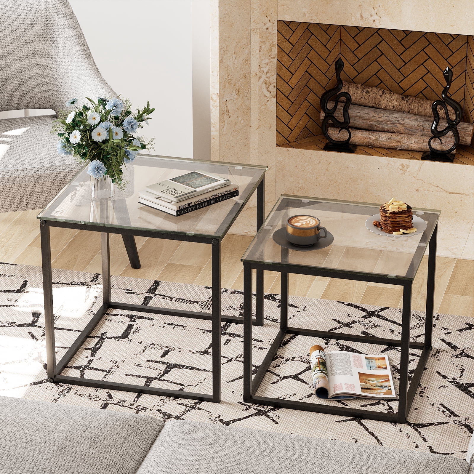 Coffee Table Set of 2, Modern Black Glass Side Table, Metal Frame Square End Table, Center Tables,Nesting Coffee Table for Living Room,Bedroom and Small Spaces