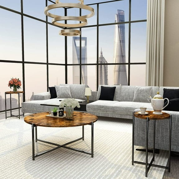Coffee Table Set of 3, Coffee Table & 2 Sofa Table, Round Tabletop and Metal Cross Base Frame,Perfect for Living Room Apartment, Rustic Brown