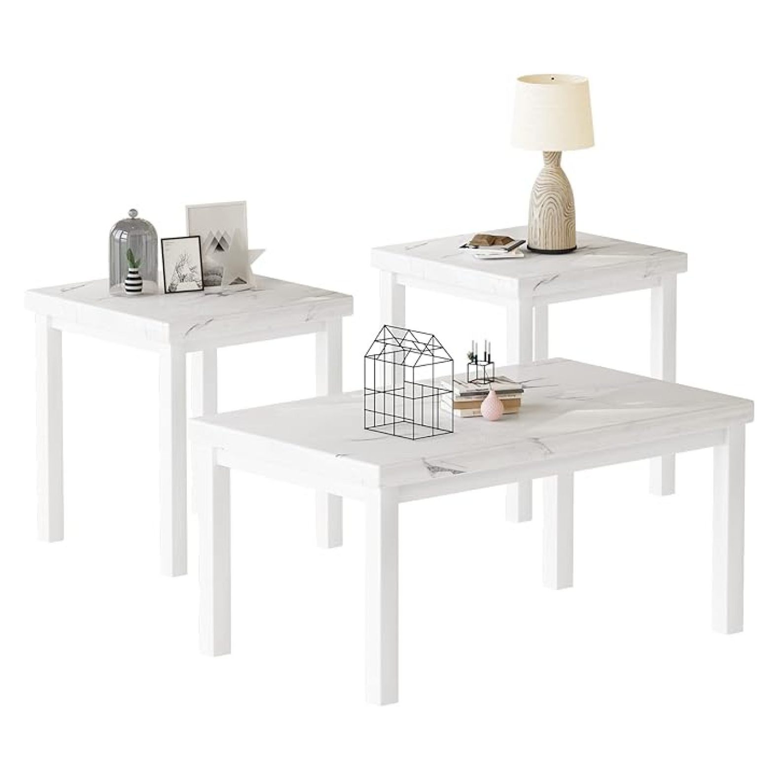 Coffee Table Set of 3, Modern Living Room Table Set, Faux Marble Coffee ...