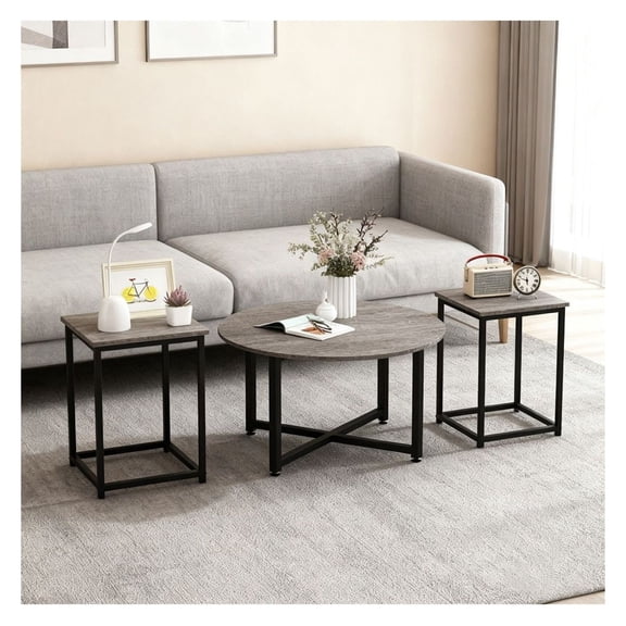 Coffee Table Set of 3, Round Coffee Table with 2 Square End Tables, Living Room Furniture, Modern Nesting Tables - Gray & Black