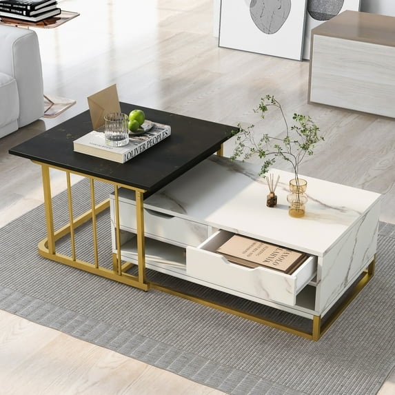 Coffee Table Set with Drawers and Storage Shelves, Modern Marble Nesting Coffee Table Set, Apartment Square Center Table