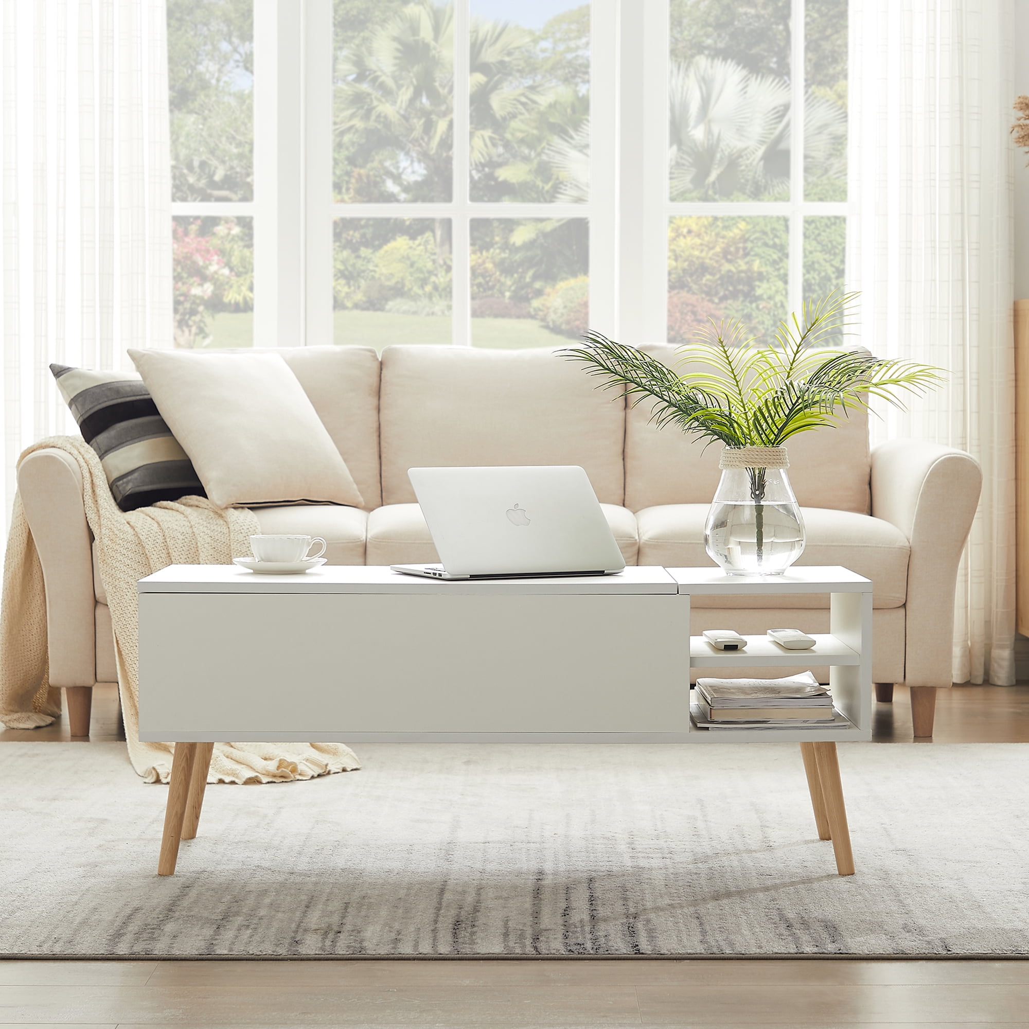 Coffee Table with Solid Wood Legs, Open Storage Shelves, Coffee Table ...