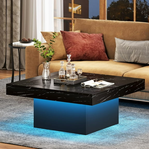 Coffee Table Square LED Coffee Table Engineered Wood Low Coffee Table for Living Room (Faux Marble Black+Black)