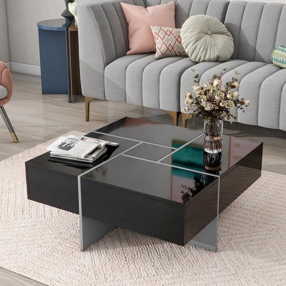 Coffee Table, Square Low Coffee Tables with Sliding Hidden Storage Drawers, Modern Sofa End Table Side Table Center Tables for Living Room Bedroom Home Furniture Improvement, Black