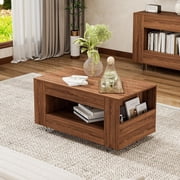 Coffee Table with Storage, 35" Small Center Table with Transparent Legs and Sides Storage, Farmhouse 2-Tier Coffee Tables for Living Room, Home Office, Apartment, Brown Wood Grain Finish