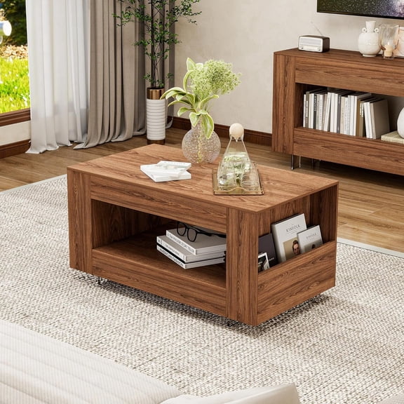 Coffee Table with Storage, 39" Small Center Table with Transparent Legs and Sides Storage, Farmhouse 2-Tier Coffee Tables for Living Room, Home Office, Apartment, Brown Wood Grain Finish